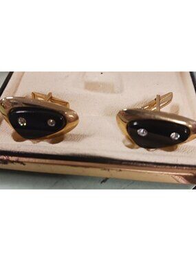 Vintage Cuff Links Abstract Shape Gold Tone & Black Atomic/Space Style 1960's